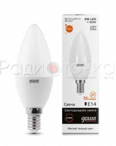 Лампа Gauss E14 6W(420lm) 3000K 100х37 матовая, пластик/алюм Elementary Свеча