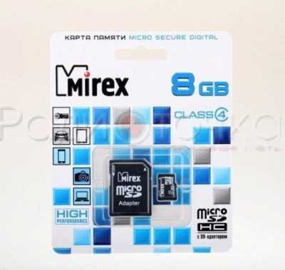 Карта памяти Micro-SDHC  8Gb Mirex  (UHS Class 10, запись-10 М/с, чтение-22.5 М/с) адаптер