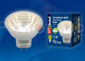 Лампа Uniel G4 MR11 12V 3W(200lm 110°) 3000K пласт 35x35 без стекла