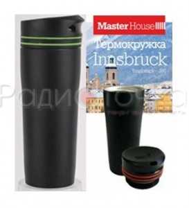 Термокружка MasterHouse Innsbruck-380, колба нерж.сталь, 0,38л, черная с зеленой полосой