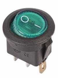 Выключатель клавишный 2 положения круглый (ON-OFF, 250V, 6A, 3pin, зеленый с подсветкой)