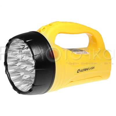 Фонарь UltraFlash LED3819 (акк. 4V 0,7Ah) 15+10св/д +черный+желт/пластик, 2 режима, вилка 220V