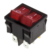 Выключатель клавишный, 2 клавиши, красный с подсветкой 250V 6A (6c) On-Off