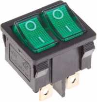 Выключатель клавишный, 2 клавиши, зеленый Mini (ON-OFF, 250V, 6A, 6pin, с подсветкой)