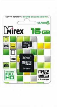 Карта памяти Micro-SDHC 16Gb Mirex (UHS Class 10, запись-10 М/с, чтение-25М/с) адаптер