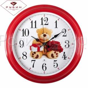 Часы настенные "Рубин" Мишка с подарками (круг d=35см, корпус красный)