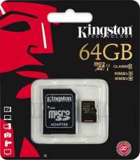 Карта памяти Micro-SDHC 64Gb Kingston (UHS Class 10, запись-10М/с, чтение-85М/с) адаптер