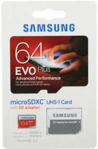 Карта памяти Micro-SDHC 64Gb Samsung EVO PLUS  (UHS Class 10, запись-20М/с, чтение-80М/с) адаптер