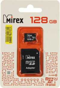 Карта памяти Micro-SDXC 128Gb Mirex (UHS Class 10, запись-45М/с, чтение-104М/с) адаптер