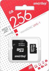 Карта памяти Micro-SDXC 256Gb Smartbuy (UHS Class 10, запись-67М/с, чтение-90М/с) адаптер